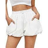 Fisoew Womens High Waisted Bubble Shorts Drawstring Elastic Workout Athletic Summer Balloon Shorts with Pockets Beige