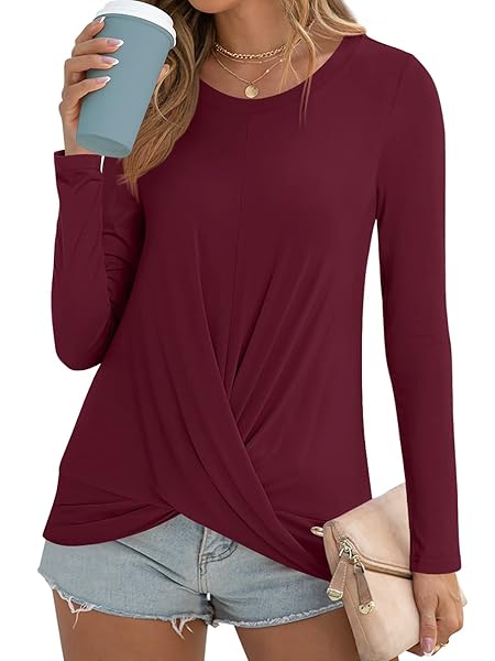 ANYDOLL WOMENS 2023 FALL CHRISTMAS TOPS LONG SLEEVE CASUAL DRESSY TUNIC LOOSE BLOUSE WINE RED 2X-LARGE