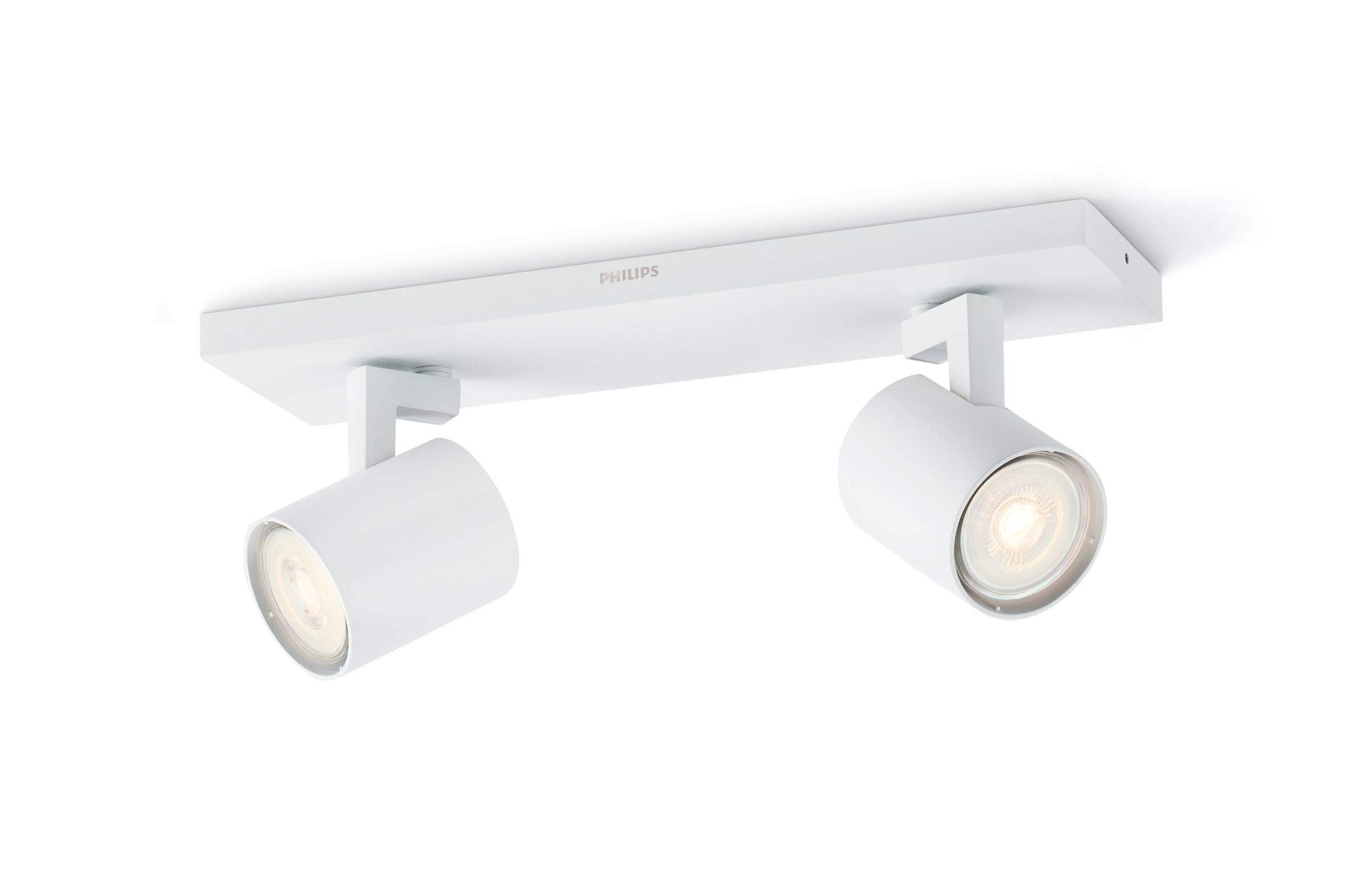 Philips myLiving Runner 2 LED Spotlights (6 W), Dimmable Ceiling Spotlights with Warm White Light and Two Swivel Spot Heads, Energy Saving Room Lighting, White