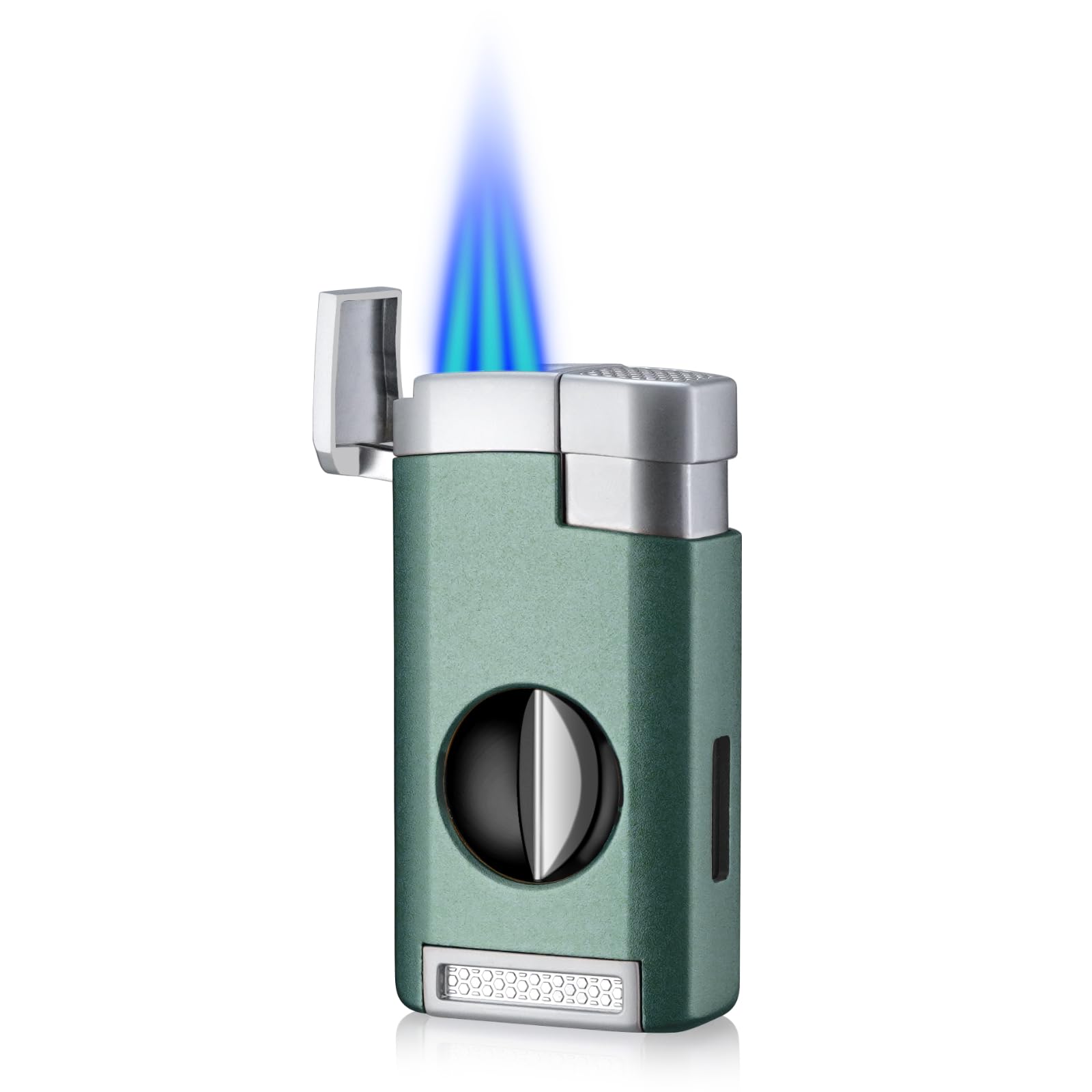 Cgaplus 3 Jet Flame Cigar Lighter with Cigar Cutter V Cut Windproof Lighter Butane Refillable Torch Lighter Green