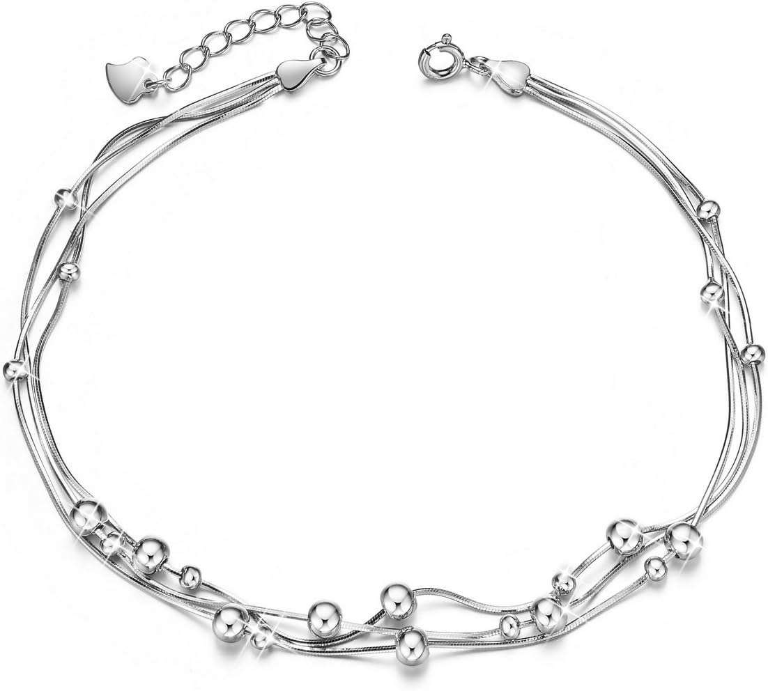 SHEGRACE 925 Sterling Silver Triple Layered Chain Anklets/Bracelet with Tiny Beads for Casual