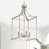 XINGQI Farmhouse Brushed Nickel Chandeliers for Dining Room, Geometric 4 Light Hanging Lantern Pendant Light Fixture for Stai