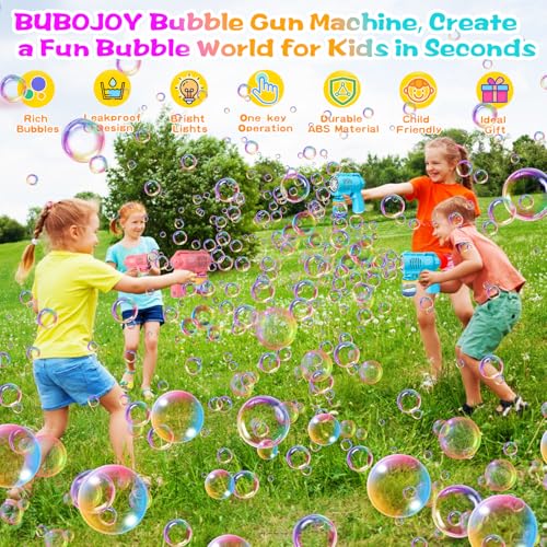 BUBOJOY Bubble Gun for Kids, Automatic Bubble Machine 10000+ Bubbles/Min with Solution, Silent Bubble Blower with Lights for Outdoor Parties Wedding- Blue