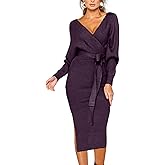 CHERFLY Women's V Neck Sweater Dresses Batwing Long Sleeve Backless Bodycon Long Dress with Belt