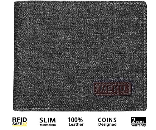 MEKU Men's RFID Blocking Slim Bifold Canvas and Leather Wallet with Coin Pocket 2 Bill Sections Black