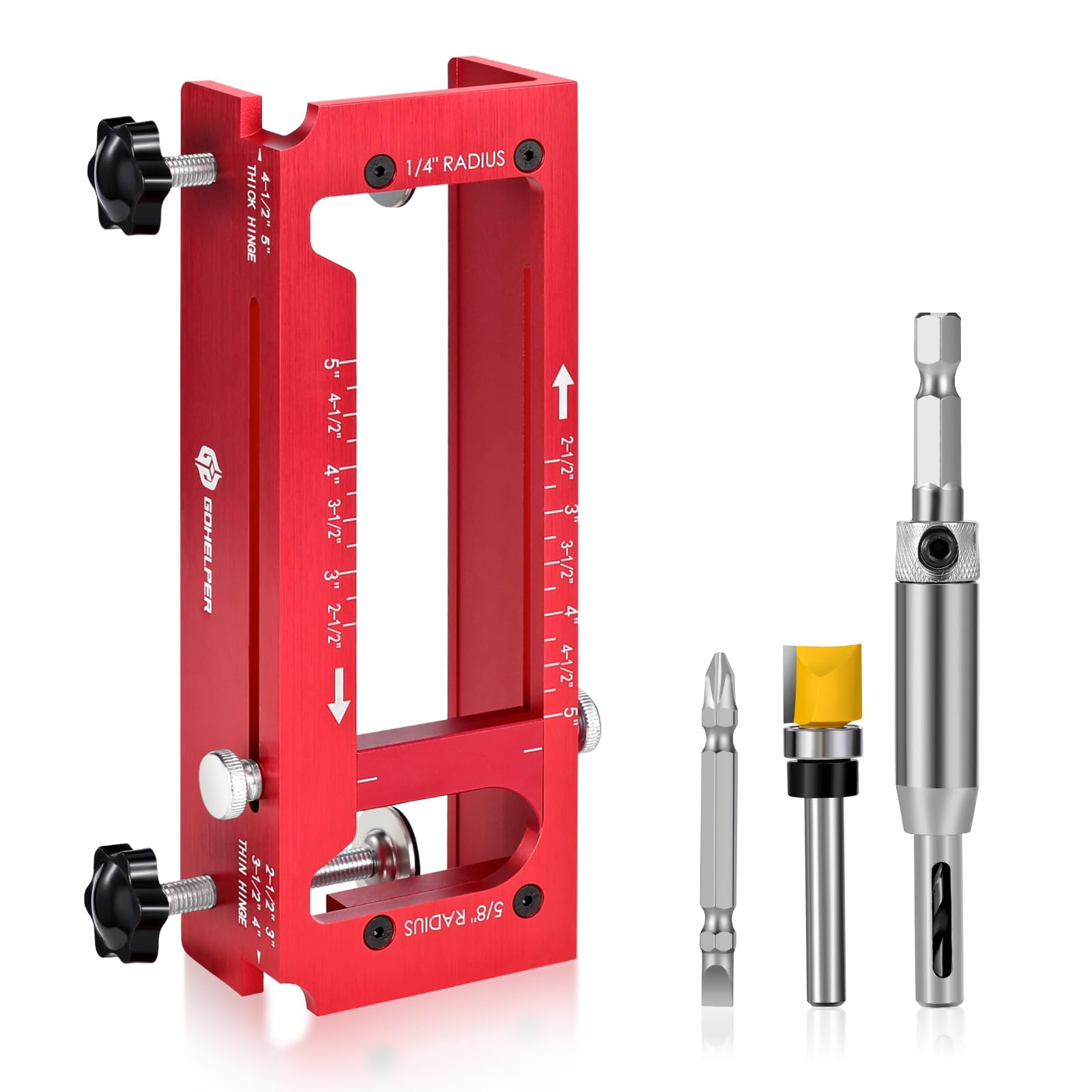Photo 1 of Door Hinge Jig, Aluminum Alloy Door Hinge Template Kit for Router, Adjustable Mortise Jig Fits Door Hinges from 2.5" to 5" Length and Thicknesses, 1/4" Radius, 5/8" Radius and Square Corner Types