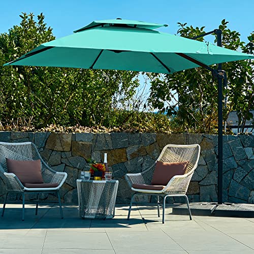 JEAREY 9FT Square Cantilever Patio Umbrella Double Top Roating Outdoor