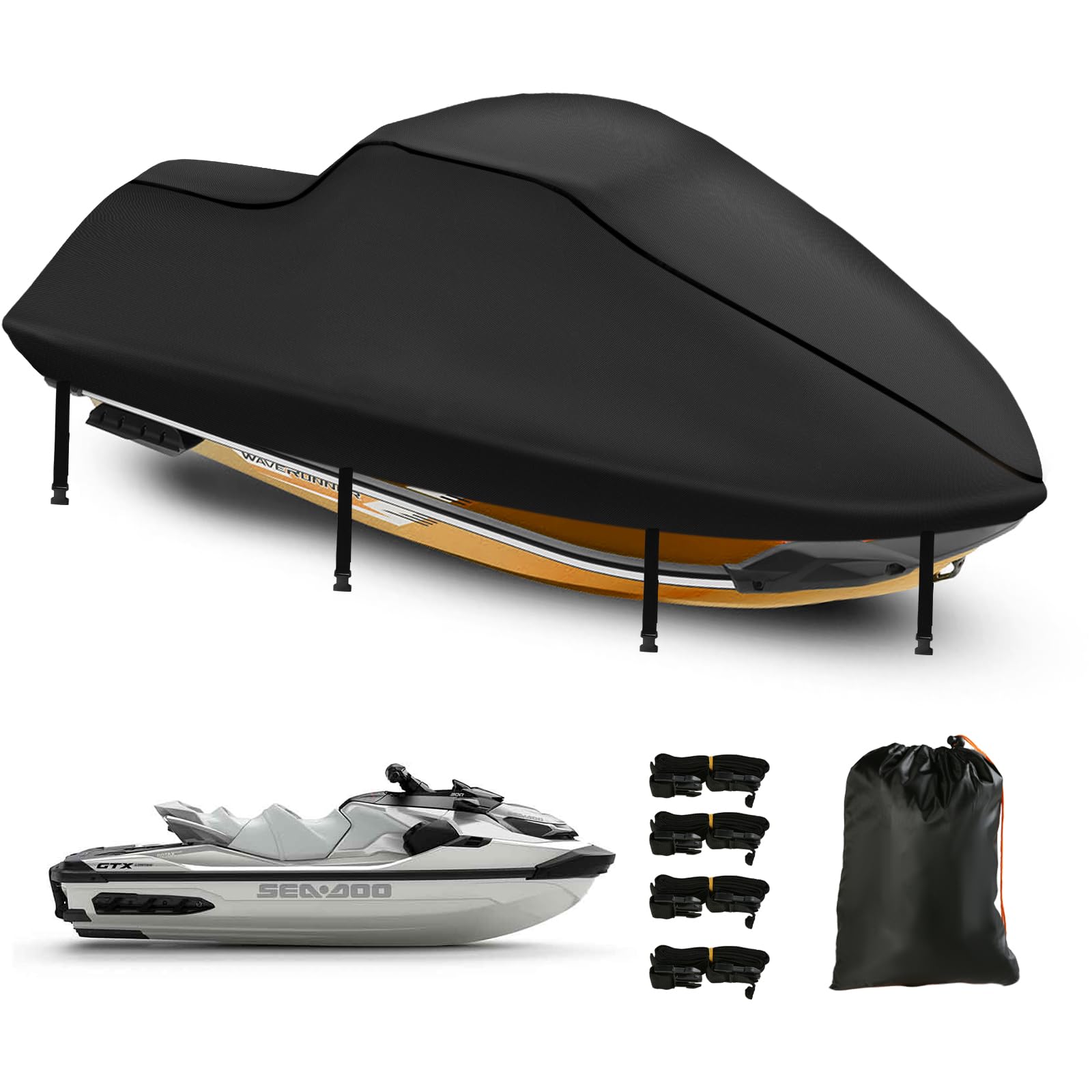 Jet Ski Cover 3 Seater,Upgraded 420D Heavy Duty Nano Coating Jetski Covers Waterproof,2 Air Vent Marine Grade UV Resistant (Black, 116" to 125")