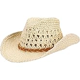 Straw Cowboy Cowgirl Hat for Men Women Classic Wide Brim Western Straw Hat Fedora Panama Hat with Chin Strap Summer Sun Hat