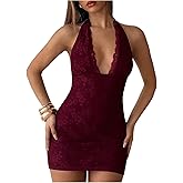 Milumia Women's Floral Lace Halter Mini Dress Sexy Deep V Neck Bodycon Party Club Dresses