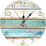 Grazing 12" Vintage Arabic Numerals ,Shabby Beach, Weathered Beachy Boards Design ,Ocean Colors Old Paint Boards Printed Image, Rustic Mediterranean Style Wooden Decorative Round Wall Clock (Sky) (Kitchen)