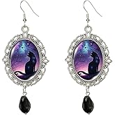 Gothic Black Cat Cameo Earrings Vintage Crystal Glass Cats Silver Finish Frame Dangle Earring with Black Bead Goth Victorian Earring Punk Style Mystery Earring Halloween Jewelry for Women