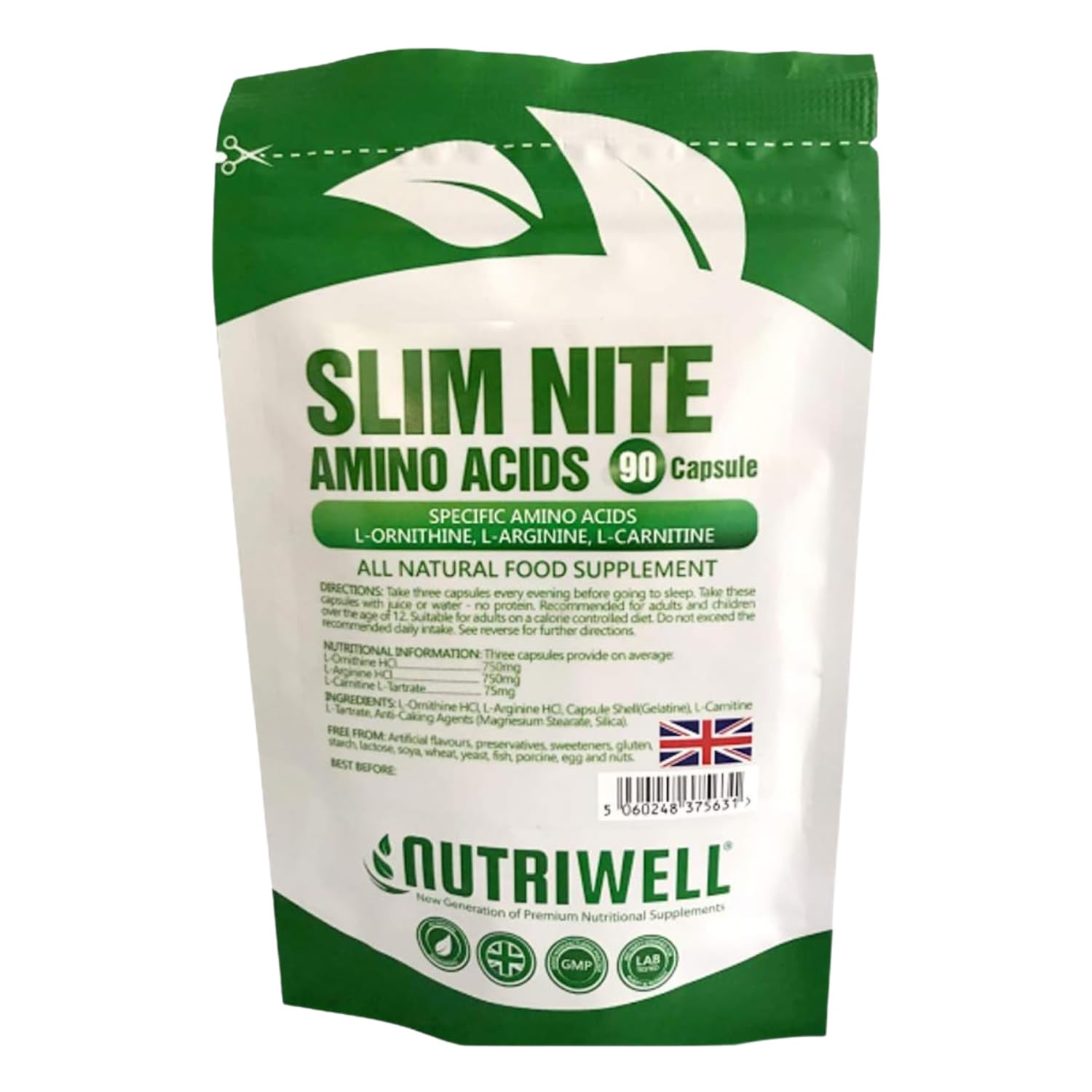 Slim Nite TM, 90 Capsules - 3 Amino Acids, L-Ornithine, L-Arginine and L-Carnitine - Made in The UK by NutriWell