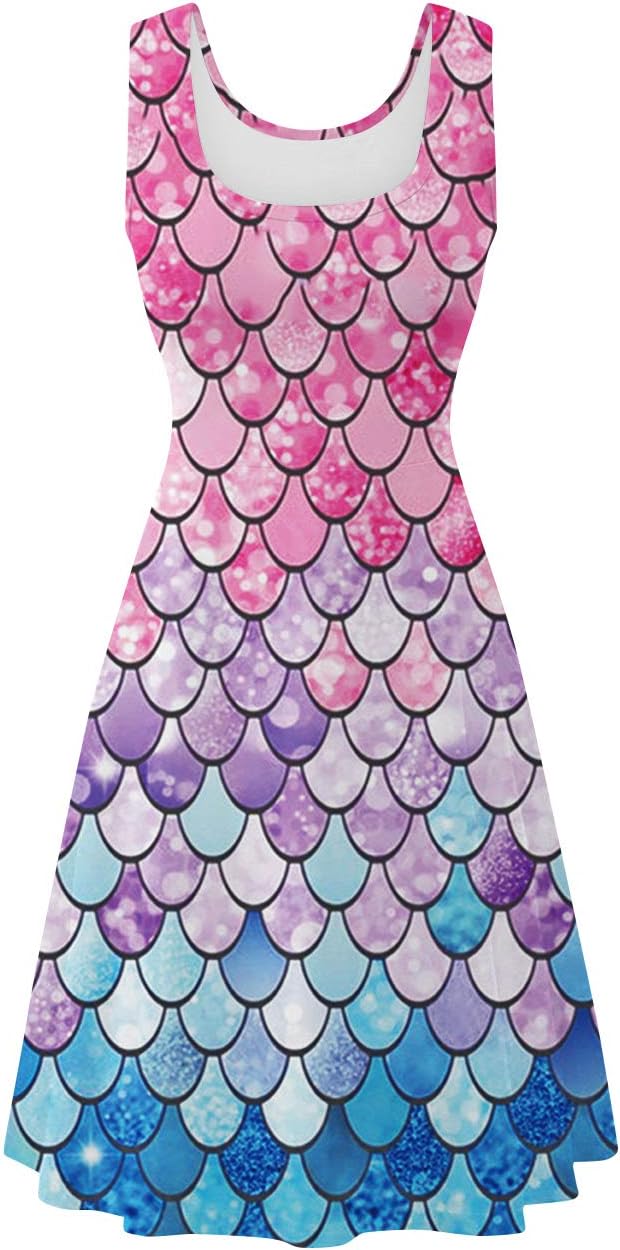 Womens Sleeveless Dress Casual Print Scoop Neck Sundress A Line Midi Dresses