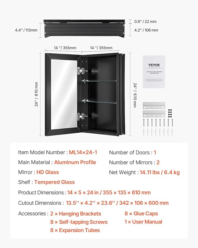 Armoire de Toilette Miroir, 355 x 610 mm, Meuble de Salle de Bain, avec Miroir, Cadre en Aluminium et étagères réglables à 2 Couches, Installation encastrée et Murale