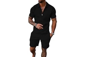 UOUA Men's 2 Piece Summer Polo & Shorts Set Quarter Zip Track Suit for Golf Lounging Casual Outfits