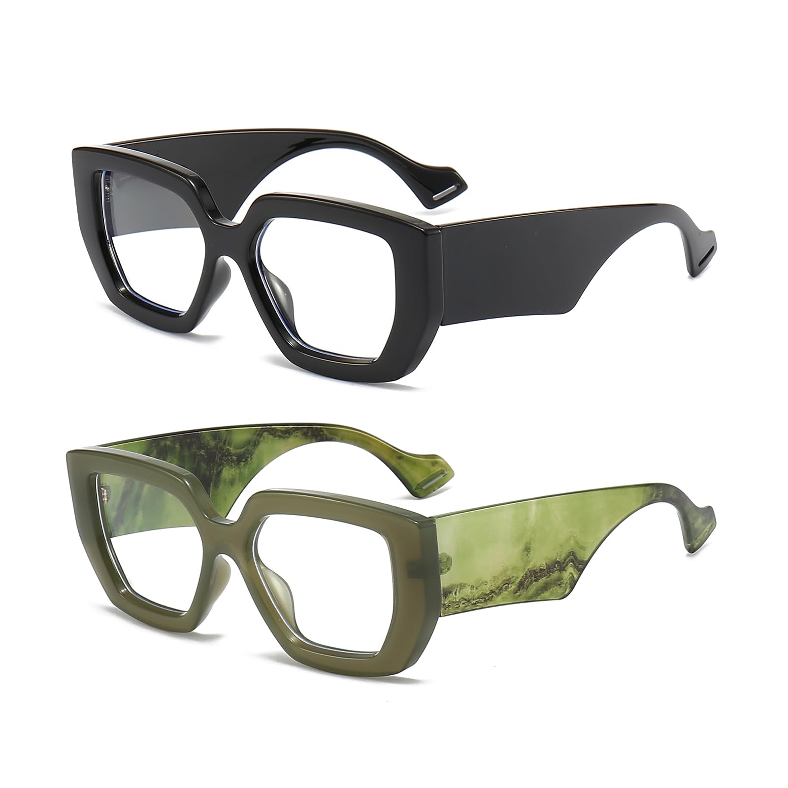 LJCZKA 2 Pair of Oversized Square Blue Light Glasses Womens Mens Thick Frame Computer Glasses Anti Eye-Fatigue for Reading, Texting & Gaming