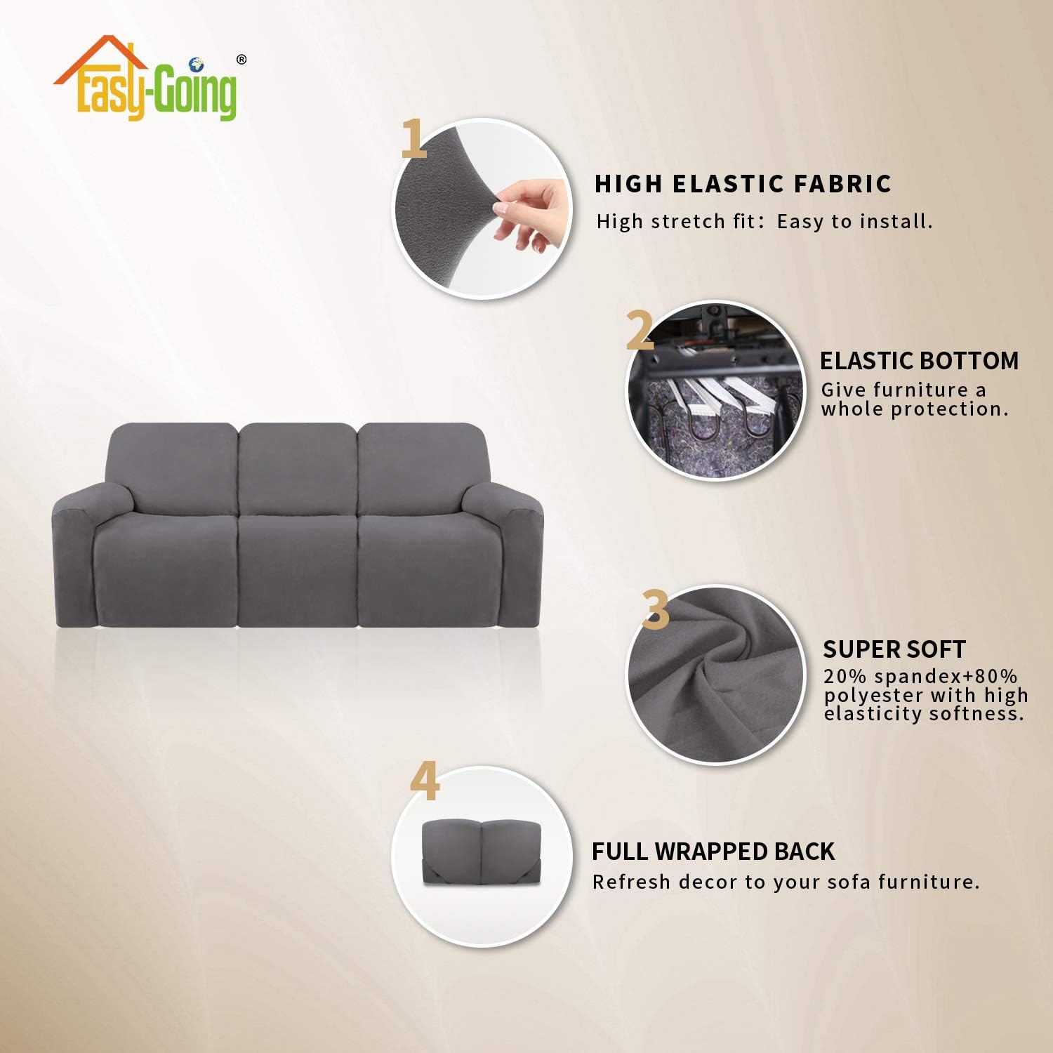 Easy-Going 8 Pieces Microfiber Stretch Sectional Recliner Sofa Slipcover Soft Fitted Fleece 3 Seats Couch Cover Washable Furniture Protector with Elasticity for Kids Pet(Recliner Sofa,Light Gray): Furniture & Decor