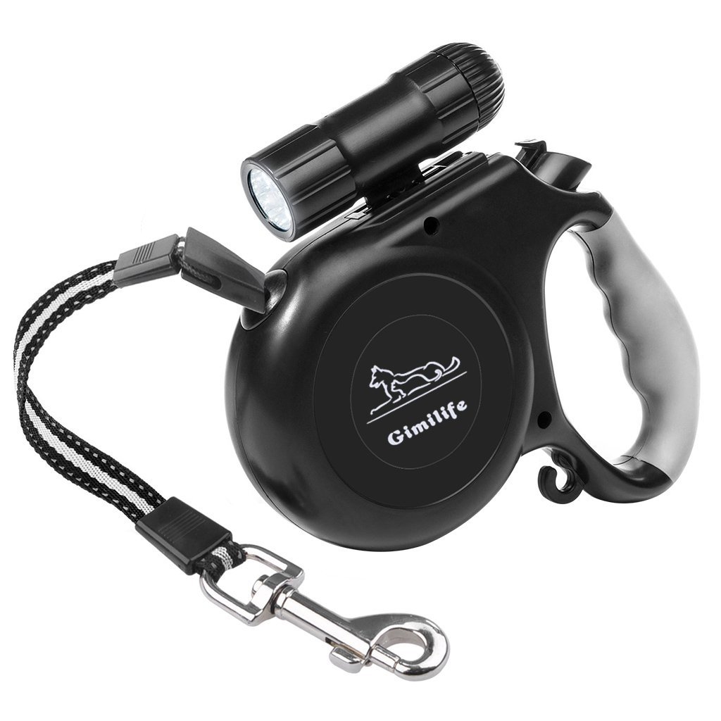 Gimilife 16ft Retractable Dog Leash with Detachable Flashlight LED Torch For Small Medium Large Pets- ABS Nylon TPE (Black)