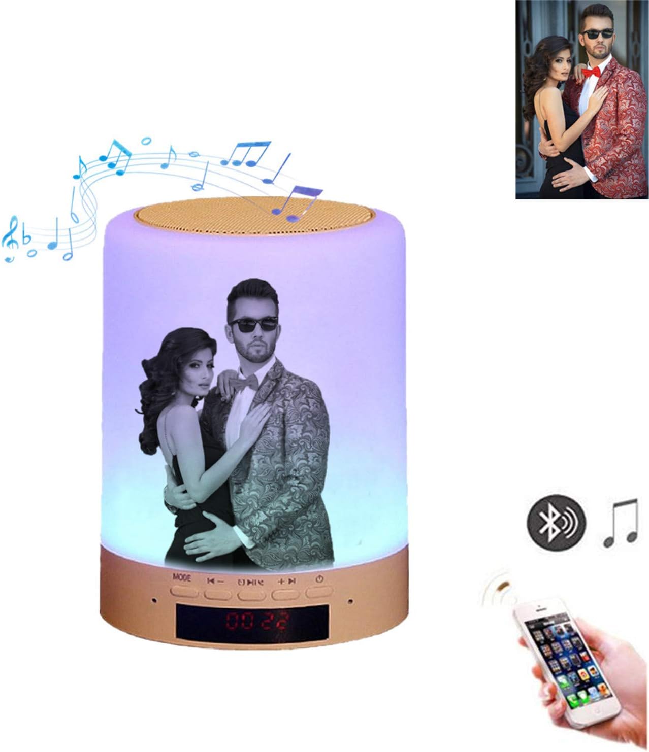 Personalized Photo Night Light Custom Wireless Bluetooth Music Player Play Music or Radio USB Charge Personalized Christmas Gift(Black and White Printing 3.5inch*3.5inch*4.7inch)