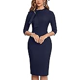 MUXXN Women's Midi Pencil 1950s Vintage Cocktail 3/4 Sleeve Tie Neck Bodycon Mid-Calf Dress with Pockets