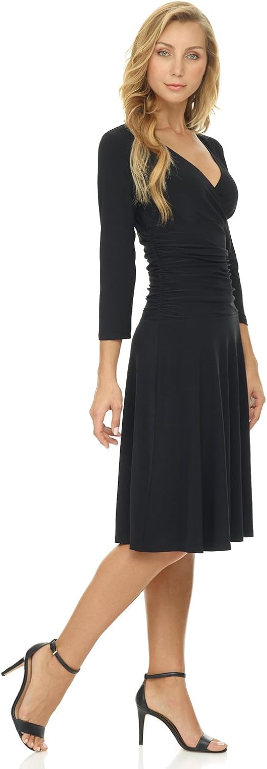 Rekucci Women's Slimming 3/4 Sleeve Fit-and-Flare Crossover Tummy Control Dress at  Women’s Clothing store