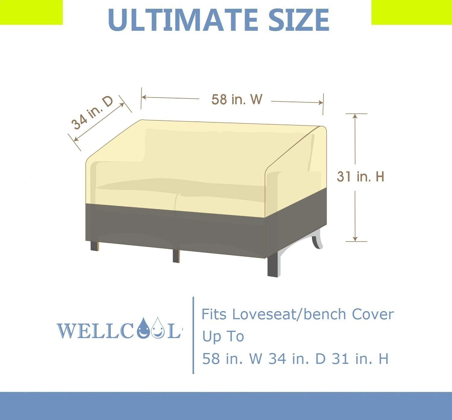 WELLCOOL Patio Loveseat Cover, 100% Waterproof Heavy Duty Outdoor Sofa Bench Cover, Patio Lawn Furniture Covers with Air Vent and Handles, 58 W x 34 D x 31 H Inches: Furniture & Decor