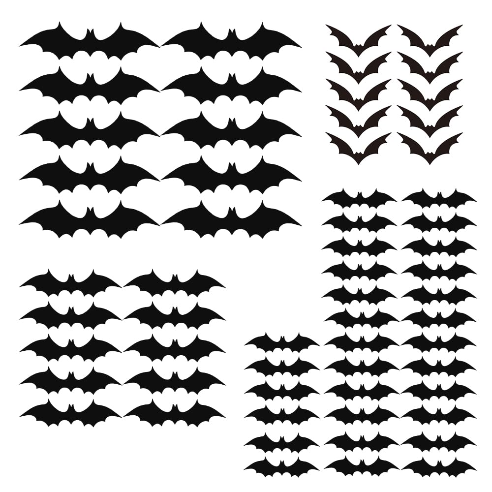 HLIWS 60 Pcs Halloween Decorations - Bats Wall Decor Sticker, PVC Bat Stickers, 4 Different Sizes, Halloween Scary Bats, for Home Window, Party, Room Decor (with Double Sided Foam Tape)