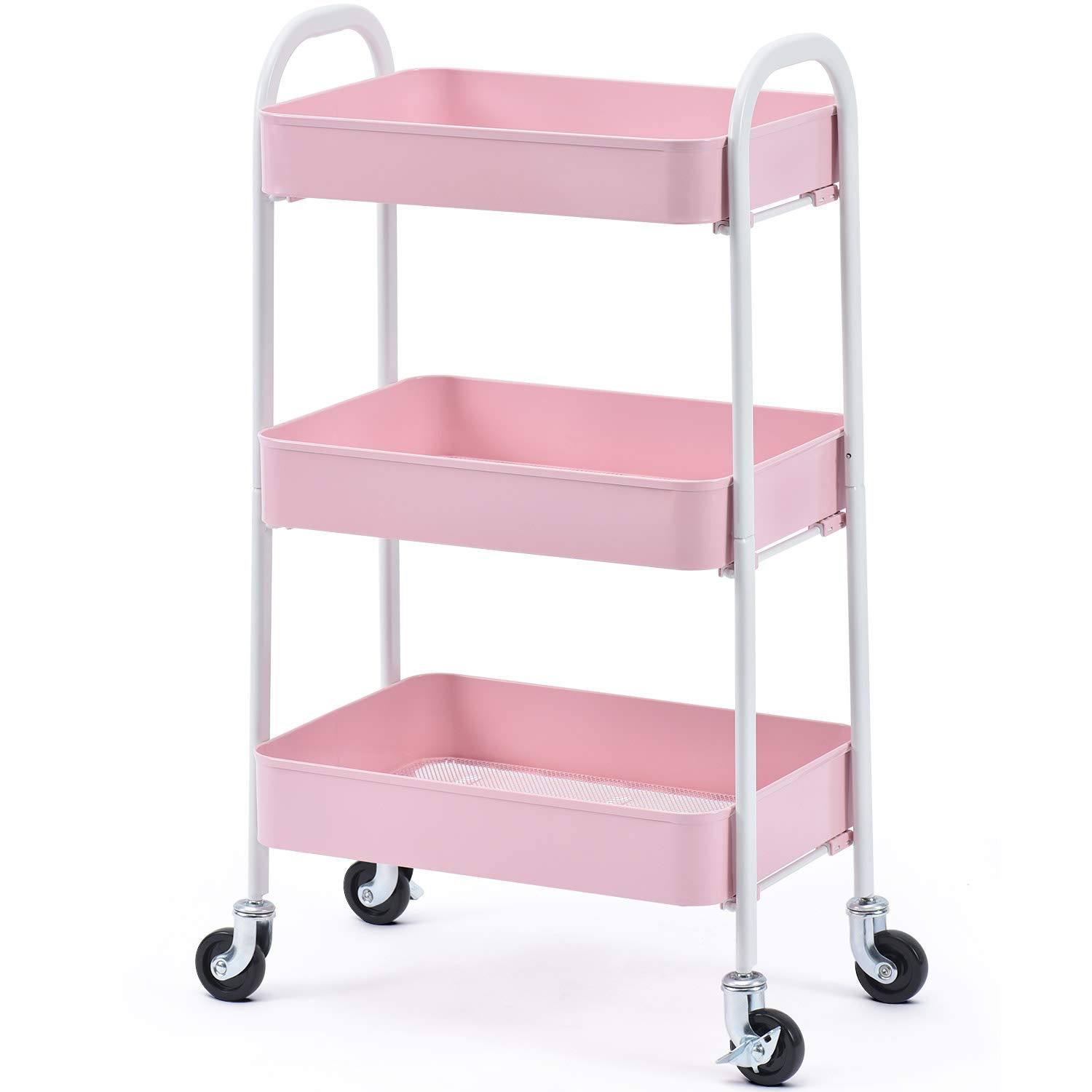 Photo 1 of TOOLF Metal Utility Cart No Screw, 3-Tier Easy Assemble Utility Serving Cart, Sturdy Storage Trolley with Handles & Lockable Wheels for Kitchen Garage Bedroom Bathroom, Light Pink