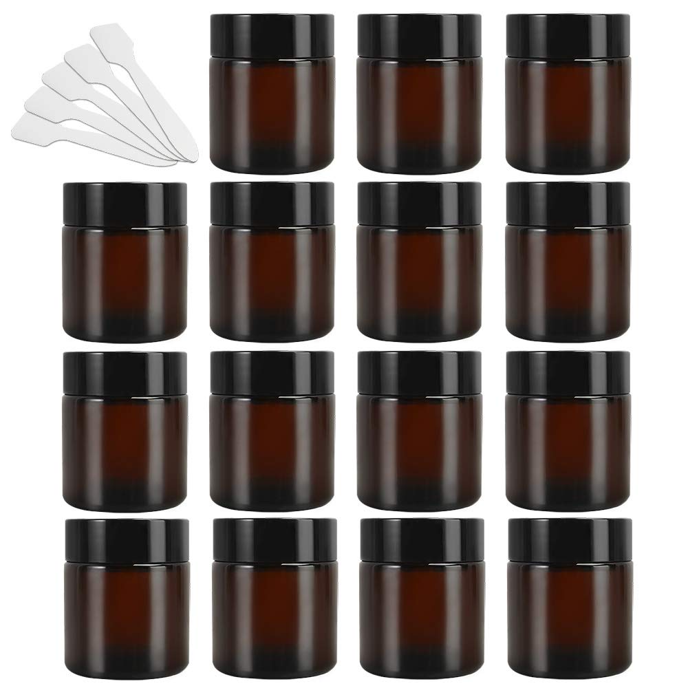 SHiZAK Amber Glass Jars, 15 Pack - 120 ml with Lids - Brown Travel Cosmetic Containers with UV Protection for Powder, Lotion and Cream