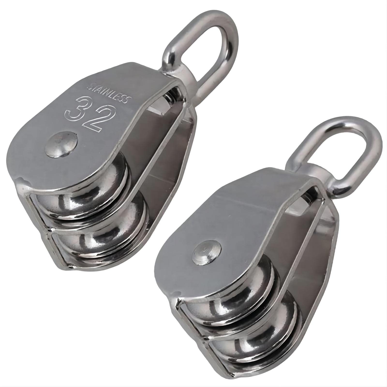 Cokritsm M32 Double Pulley Blocks, 304 Stainless Steel Pulley Wheel Heavy Duty Pulley Roller Shell Blocks, Material Handling Products Pulling and Lifting Pulley Wheels Max-Load 551 lbs/250kg 2Pack