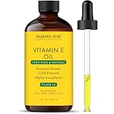 Majestic Pure Vitamin E Oil for Skin 2 Oz Glass Bottle | 100% Pure &amp; Natural Ayurvedic Skin Care Oil for Nails, Scar 70,000 IU- Cold Pressed Hexane Free, Women Moisturizer for Face