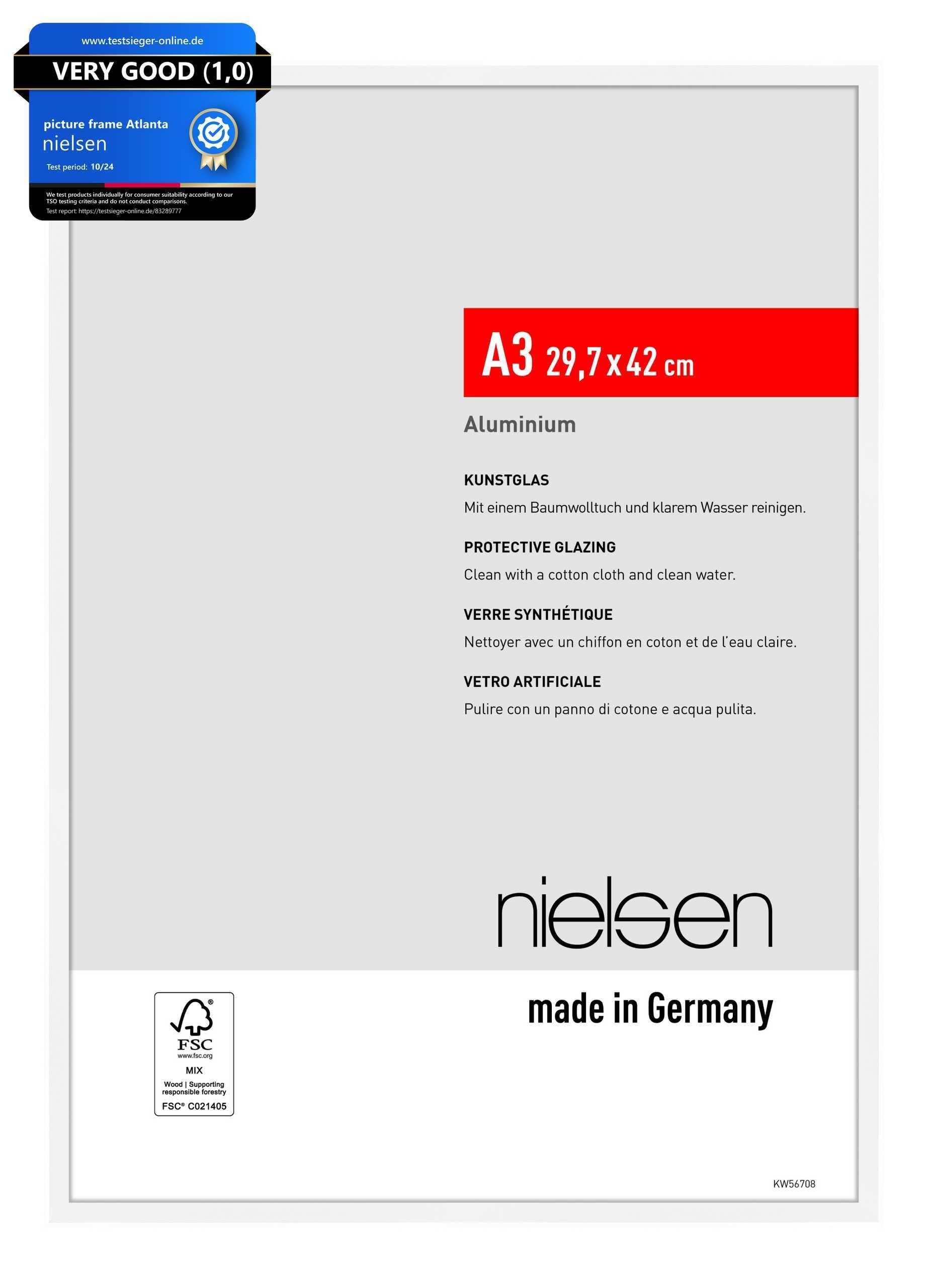 nielsen Atlanta Aluminium Picture Frame - Matt White A3, 29.7x42cm - with Synthetic Glass and Push-Turn Clips