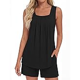 LONGYUAN Womens Sleeveless Pajama Set Soft Summer Lounge Shorts Tank Top Sleepwear with Pockets 2 Piece Set M-3XL