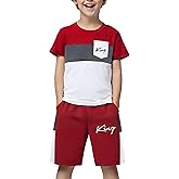 Vitalique Size 6-12 Years Boys Summer Outfits Set Kids Short Sleeve Top T-Shirt & Shorts Color Block Clothing Sets