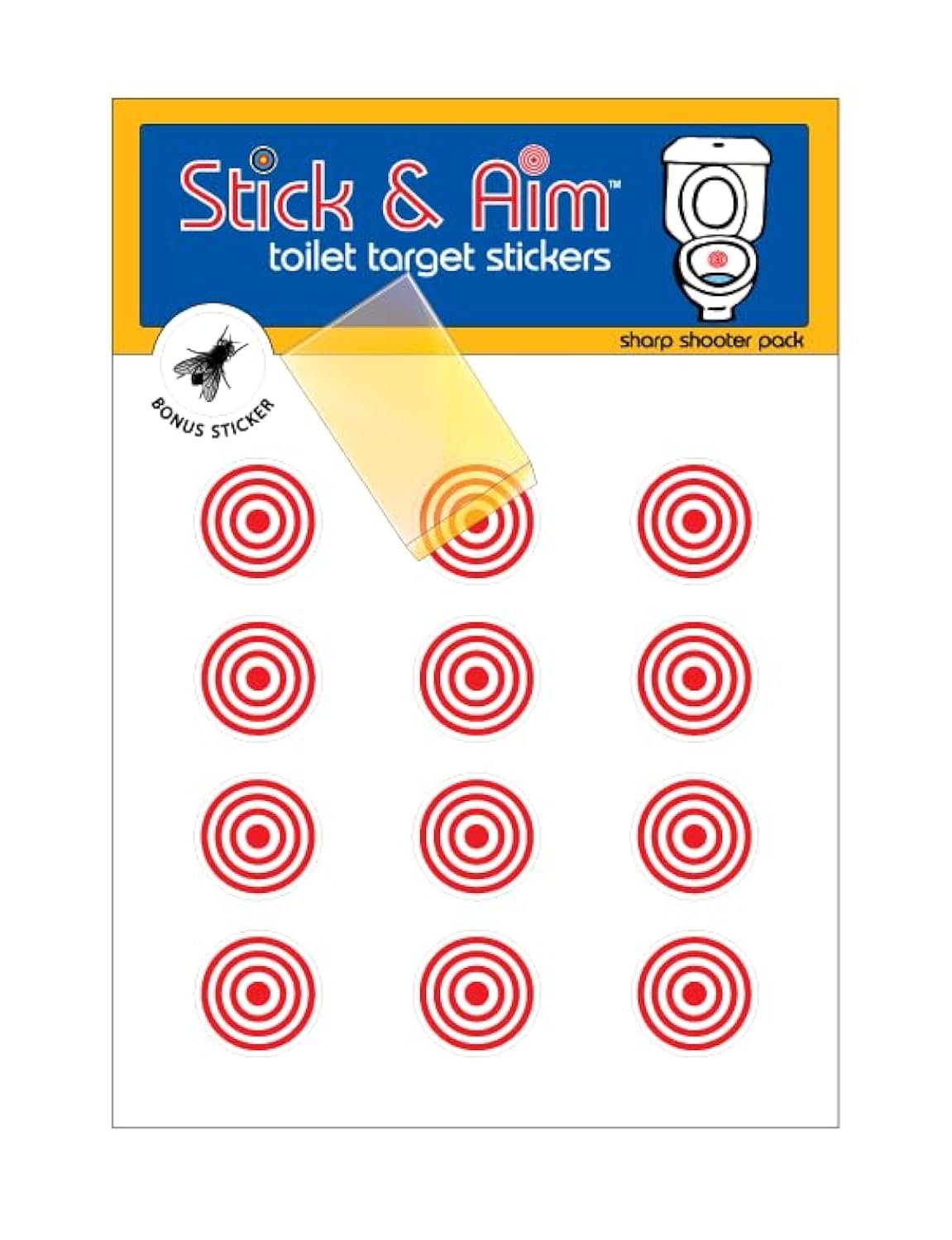 Bullseye Toilet Target Pack (13 Targets) with Applicator Smoothing Tool for Easy Installation in Toilets & Urinals, Fun Aiming Stickers for Boys and Men, Helps Keep Floors Clean.