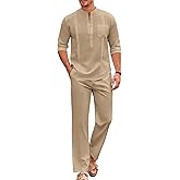 COOFANDY Men's 2 Piece Cotton Sets Casual Long Sleeve Cuban Henley Shirt and Loose Pants Set Beach Vacation Outfits
