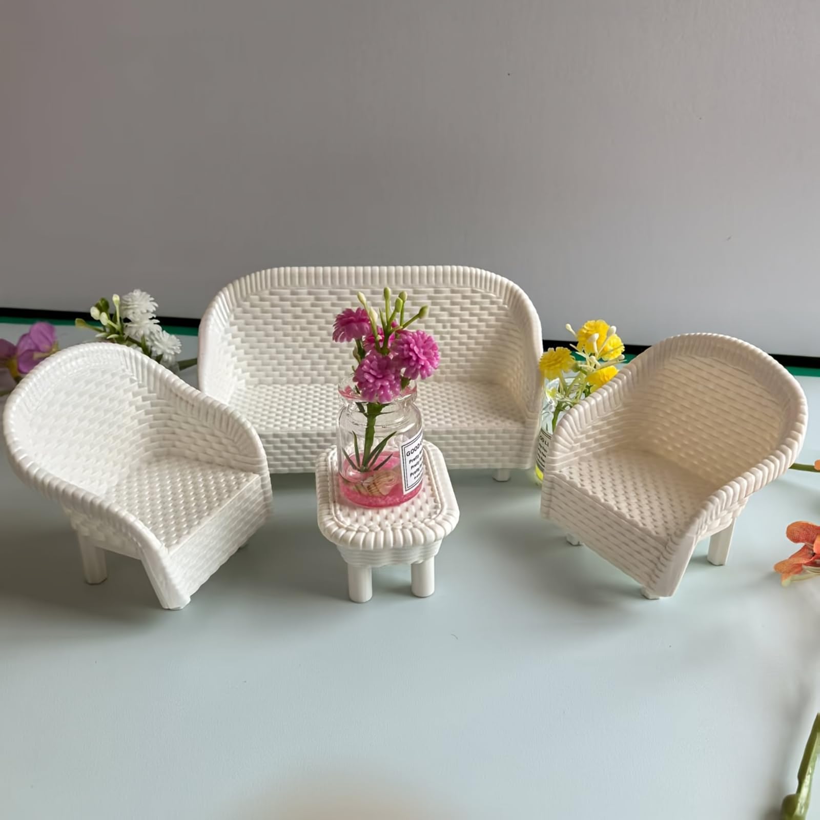 Photo 1 of 4 Pack Miniature White Wicker Tea Table and Chair Set, Dollhouse Furniture Decor for Bedroom, Handcrafted Miniature Furniture