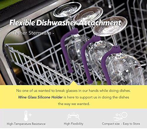 (4 Pack) Tether Stemware Saver Set -Flexible Dishwasher Stabilizer Holder for Wine Glasses-Purple