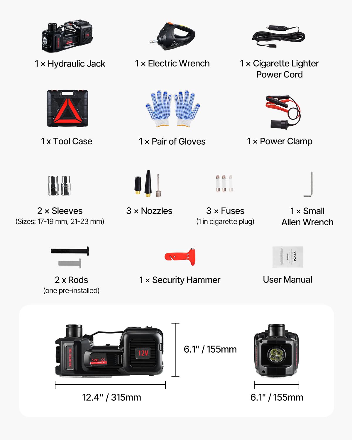 VEVOR elektrischer Wagenheber 5 t elektrischer Scherenwagenheber mit eingebauter Pumpe, 12-V-Reifenwechselersatz mit elektrischem Schlagschrauber & LED-Licht, Wagenheber-Set für Limousine SUV LKW 7