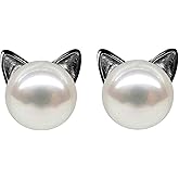 Wicary Cat Earrings Sterling Silver Pearl Earrings for Women Cat Stud Earring for Cat Lovers
