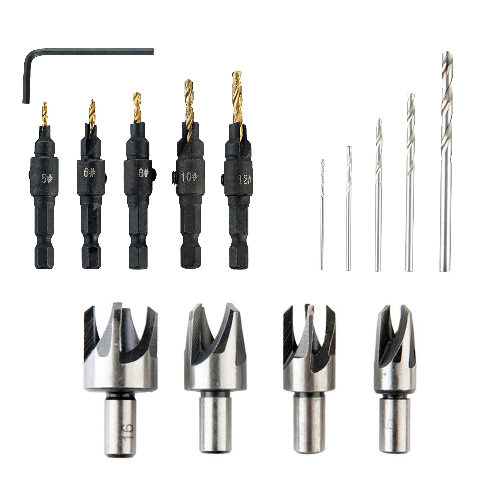 HLJMRD 15Pcs Countersink Drill Bit Set, Wood Plug Cutter Set, Titanium Coated Hex Drill Bit Set Change Drill Bits for Woodworking, Plastic and Soft Metal Drilling