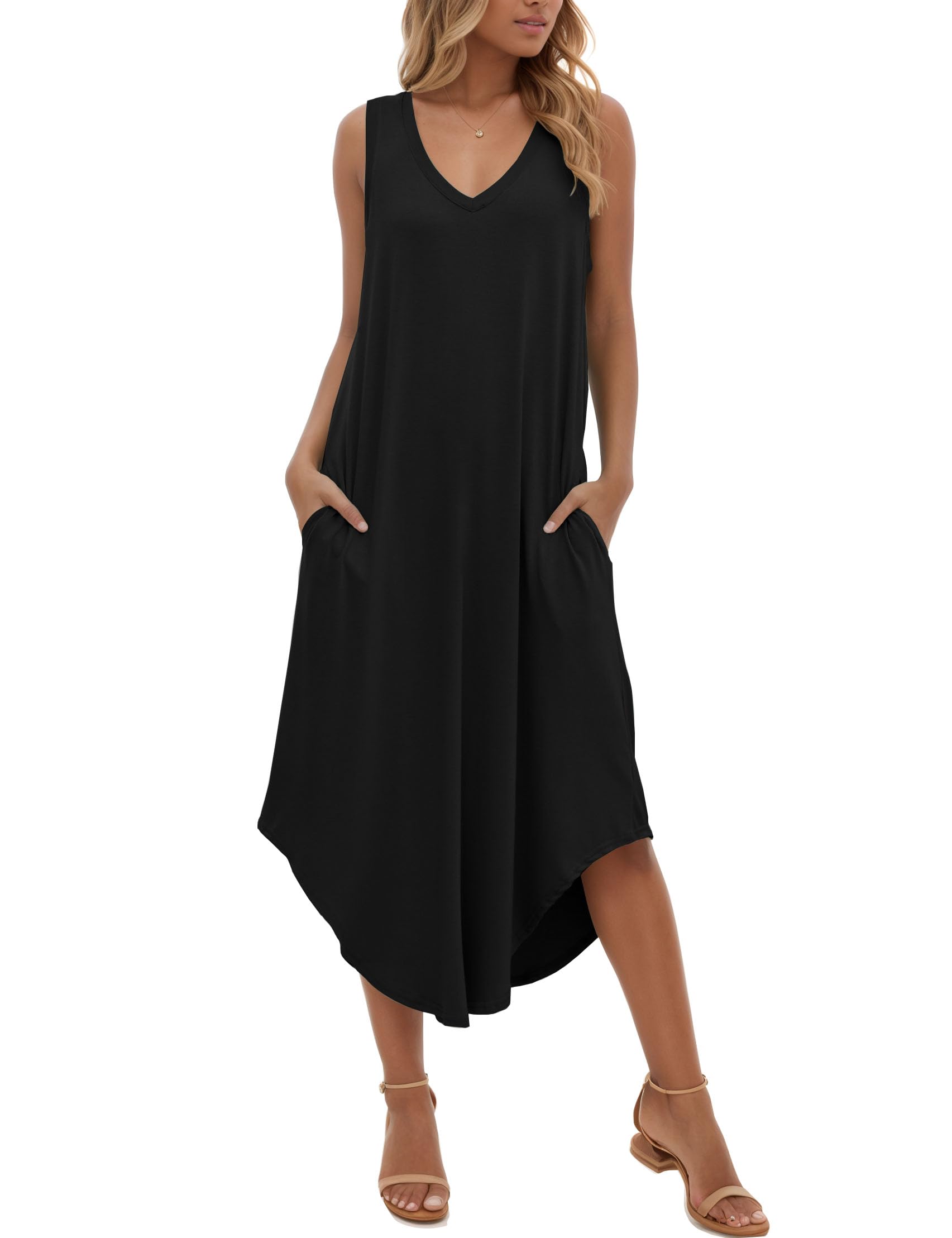 Photo 1 of Pylnily Women's Summer Dresses Casual Sleeveless Maxi Dresses V Neck Loose Sundress Long Dress with Pockets-Black-XL