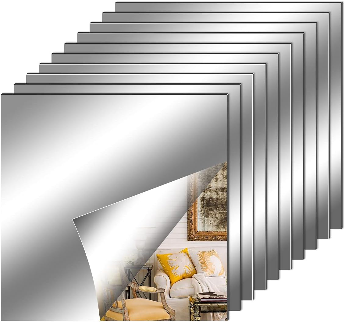 Mirrors - Fantasyon 10 Pieces Flexible Mirror Sheets, Self Adhesive Decorative Plastic Mirror Tiles Non-Glass Mirror Stickers for School Educational and Home Wall Decor(12x12 Inch)