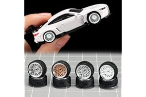 WAVEIST 1/64 Wheels and Tires,Real Riders Series,Upgrade Mainline Diecast Model Cars,Diameter is 0.43in, 4 Sets/pack,Lotus Spokes,ABS Wheels with Rubber Tire Rivet Axle Metal Rims(HW-A)