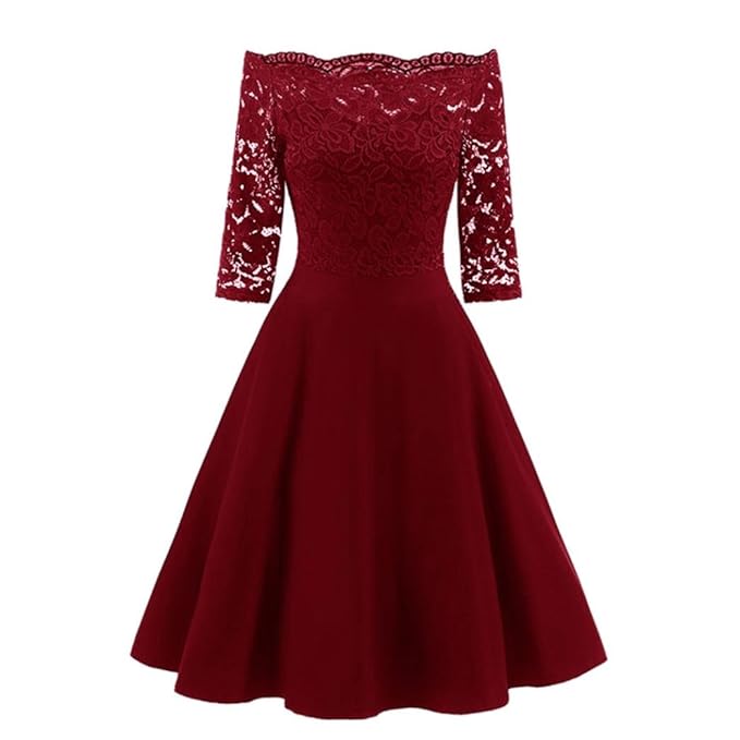 ??• •?? Luckycat Räumungsverkauf Damen Spitzenkleid Vintage Spitze Patchwork Schulterfrei Cocktail Party Retro Schaukel Kleid