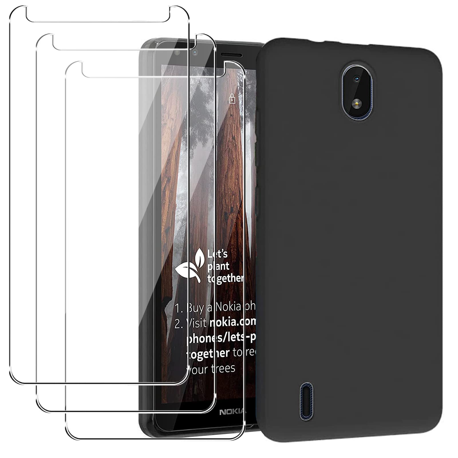 KZIOACSH Case for Nokia C01 Plus, Flexible Anti-Scratch Back Anti-Fall Rugged Phone Case Matte Black Silky-Soft Touch Shockproof Protective Bumper Cover with 2 Tempered Glass Screen Protector