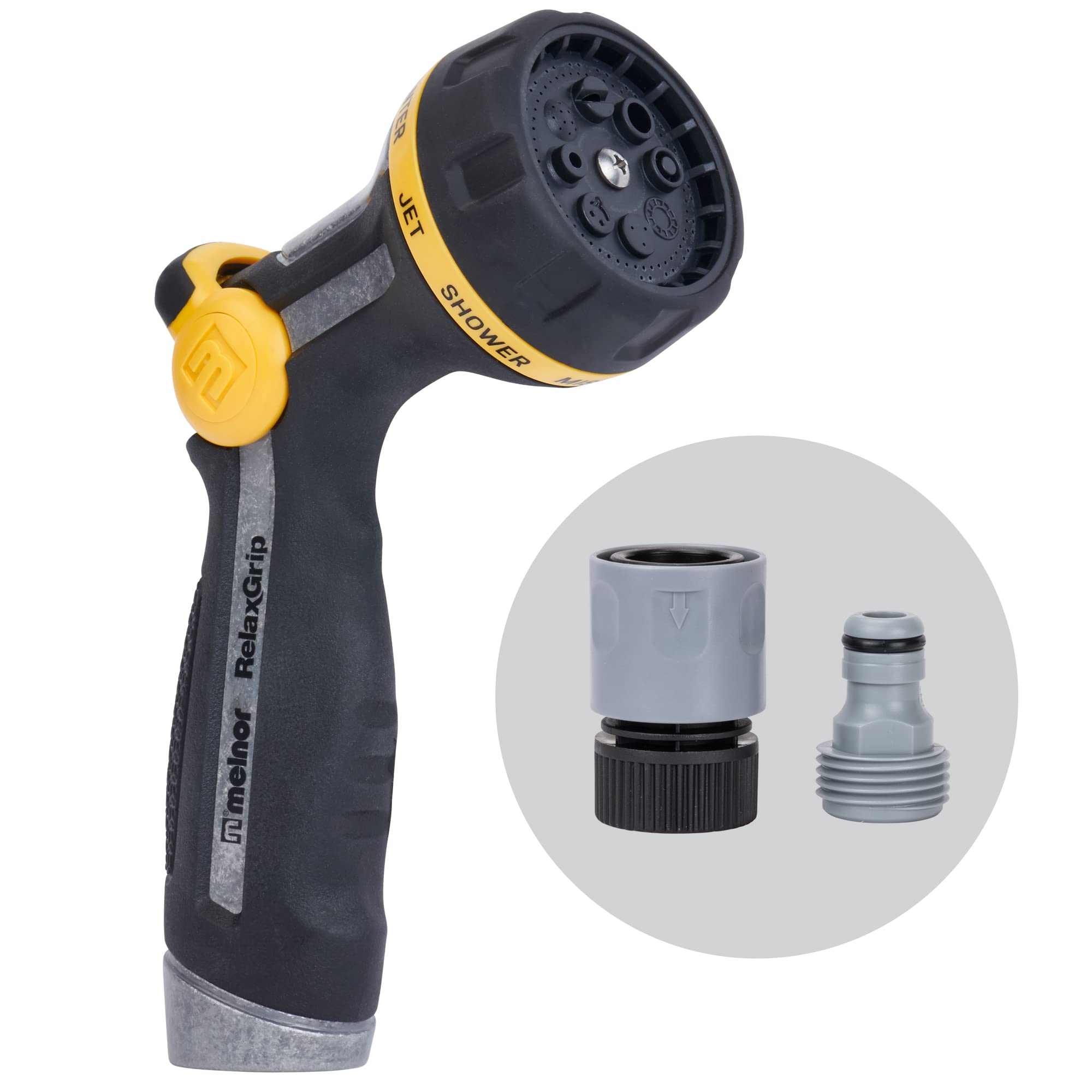 Photo 1 of Melnor 65188AMZ RelaxGrip Metal Nozzle, Multi-Pattern, Arthritis Foundation Ease of Use Certified, Quick Connect Bundle, Black, Yellow