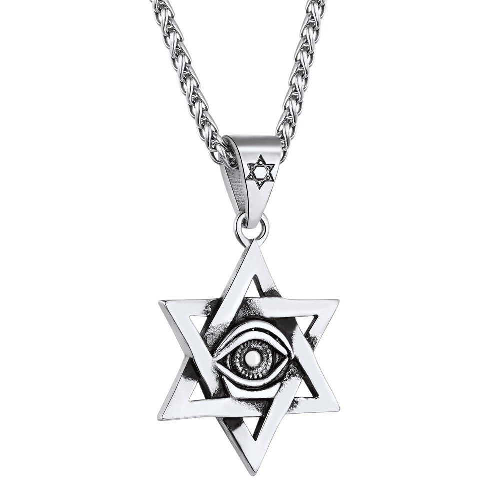 U7 David Star Necklace for Men Women Stainless Steel Evil Eye Pendant Judaism Amulet Necklaces Silver Wheat Chain — image 1