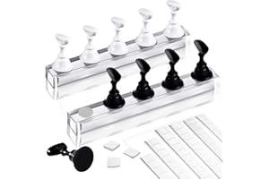 Kalolary 2 Sets Acrylic Nail Art Holder Practice Display Stand with 96 Pcs White Reusable Adhesive Putty, Magnetic Nail Art Tips Holders Training DIY Display Practice Stands(Black and White)